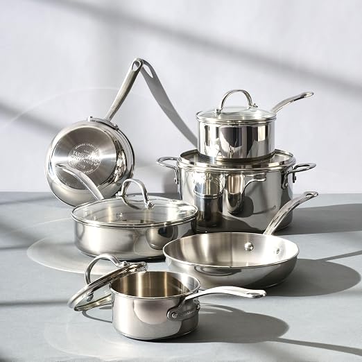 Farberware Millennium Stainless Steel Pots and Pans with Lids, Induction Ready, Compatible with All Cooktops, Metal Utensil Safe, 10 Piece Cookware Set, Dishwasher Safe - Stainless Steel