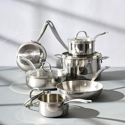 Farberware Millennium Stainless Steel Pots and Pans with Lids, Induction Ready, Compatible with All Cooktops, Metal Utensil Safe, 10 Piece Cookware Set, Dishwasher Safe - Stainless Steel