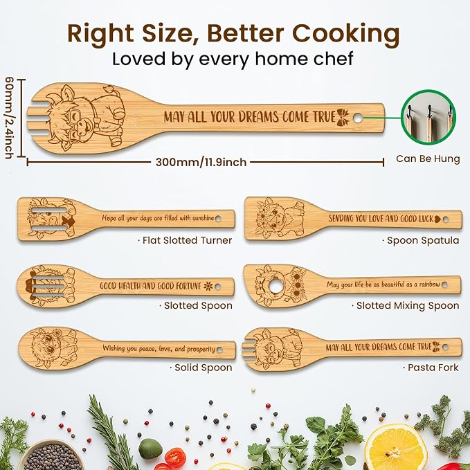 CUTHOLLOW 6PCS Highland Cattle Wooden Kitchen Cooking Utensil Set, 11.9in Non Toxic Bamboo Wood Spoon Set for Cooking, Best Housewarming Birthday Thanksgiving Christmas Gift for Women Mother