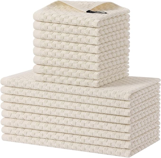 Homaxy 100% Cotton Kitchen Towels and Dishcloths Set, 12 x 12 & 15 x 25 Inches, Set of 16 Bulk Terry Cloth Dish Towels, Super Soft and Absorbent Hand Towel with Hanging Loop, Beige