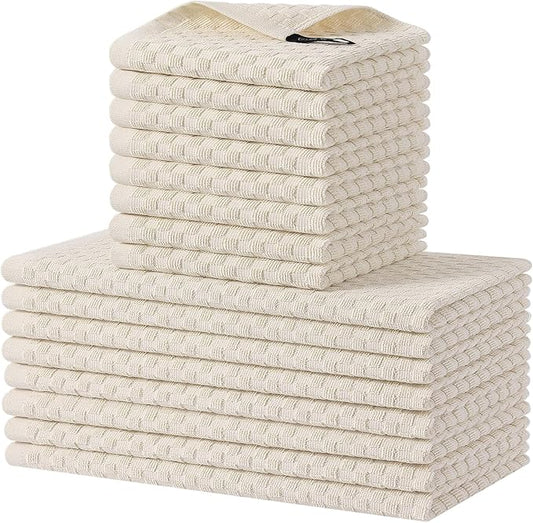 Homaxy 100% Cotton Kitchen Towels and Dishcloths Set, 12 x 12 & 15 x 25 Inches, Set of 16 Bulk Terry Cloth Dish Towels, Super Soft and Absorbent Hand Towel with Hanging Loop, Beige