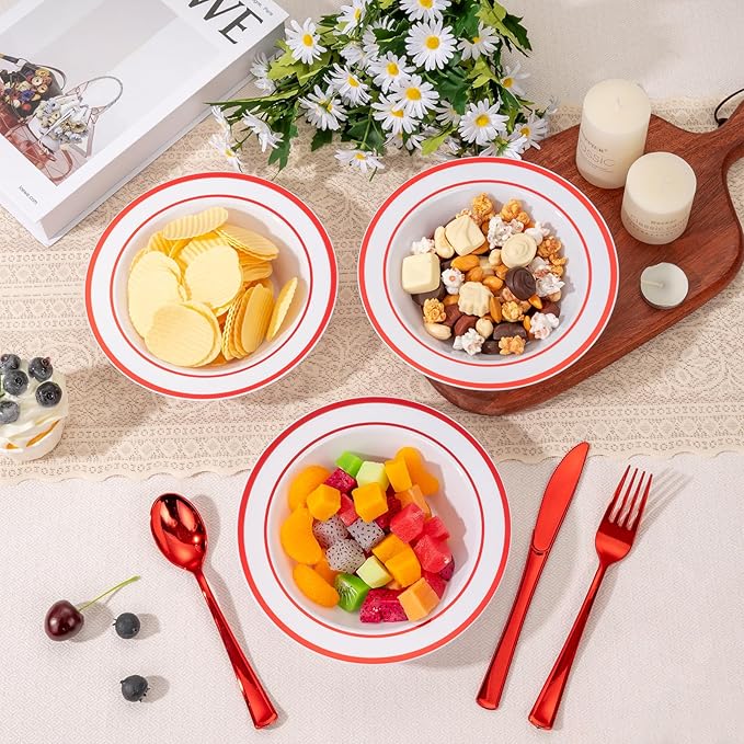 Goodluck 50 Pack Plastic Bowls with Red Rim, 12oz Disposable Soup Bowls, Heavy Duty Dessert Bowls for Weddings, Parties, Valentine's Day Dinners, Catering, Thanksgiving and Everyday Use
