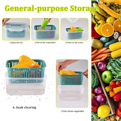U/C Plastic Food Storage Containers, Fresh Vegetable Fruit Storage Containers for Refrigerator, Kitchen Produce Saver Container with a Draining Basket, BPA Free (5 Pack)