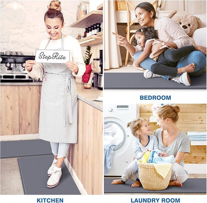 StepRite Kitchen Mats, 2PCS Kitchen Rugs, Cushioned Anti Fatigue Kitchen Mats for Floor, Non-Slip Standing Desk Mat, Waterproof Kitchen Rug Set for Kitchen, Floor, Office, 17.3"x30"+17.3"x59", Grey