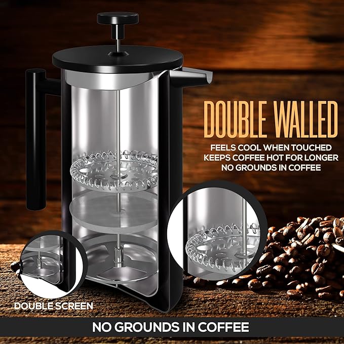 Utopia Kitchen 304 Grade Stainless Steel French Press Coffee Maker 12 Oz, Double Wall Insulated Coffee Press with 4-Level Filtration system, Include 2 Extra Filters, Rust-Free, Black