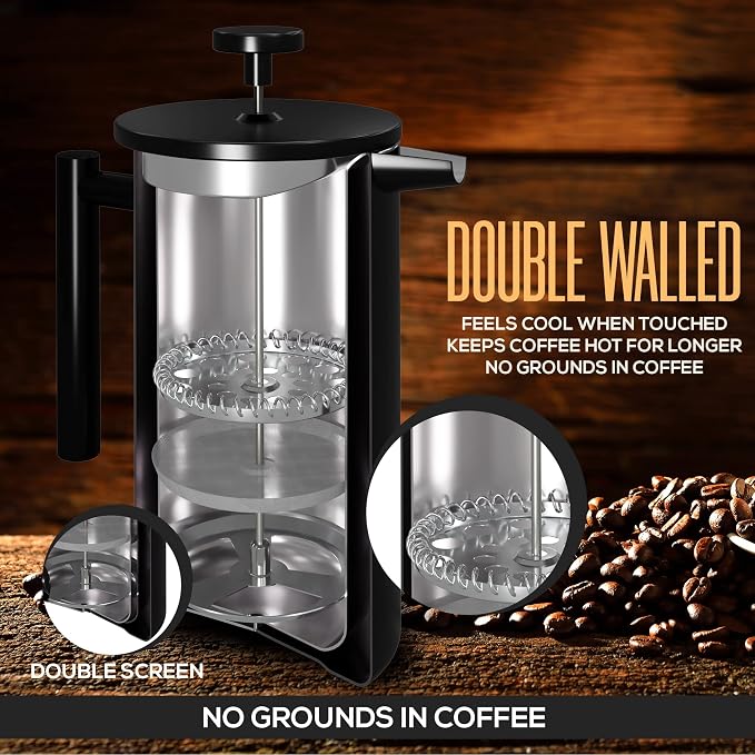 Utopia Kitchen 304 Grade Stainless Steel French Press Coffee Maker 17 Oz, Double Wall Insulated Coffee Press with 4-Level Filtration system, Include 2 Extra Filters, Rust-Free, Black