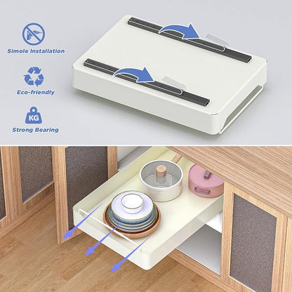 KMC Cabinet Pull-Out Organizer – No Screw, Double Layers Drawers, Peel & Stick Sliding Pantry Shelf – Kitchen Pullout with Home Adhesive
