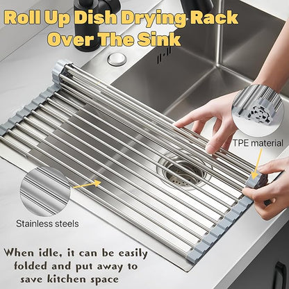 Roll Up Dish Drying Rack 17.7" x 15.8" Over The Sink Dish Drying Rack, Kitchen Dish Rack Stainless Steel Dish Drying Rack for Kitchen Sink Counter Storage (Grey)