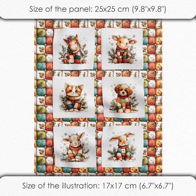 Cozy Animals Patchwork Quilting Fabric Panel – 6× (10×10 inch) Blocks + Bonus Patchwork Sheet 29.5×19.6 inch, 100% Cotton 140 GSM, Winter Forest Animal Theme