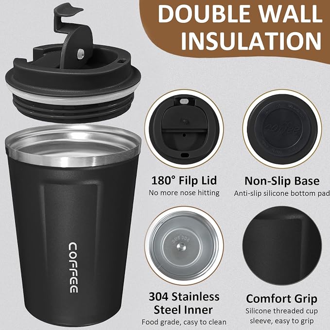 4 Pack Travel Coffee Mug 17oz Insulated Coffee Cup with Lid, Reusable Thermal Coffee Cup Stainless Steel Coffee Tumbler to Keep Hot & Cold Drinks for Car, Daily, Travel and Gifts, Black