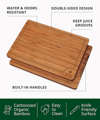 ROYAL CRAFT WOOD Wooden Cutting Boards for Kitchen Meal Prep & Serving - Bamboo Wood Serving Board Set with Deep Juice Groove Side Handles - Charcuterie & Chopping Butcher Block for Meat