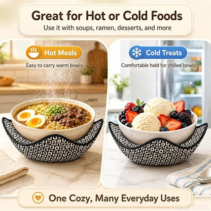 Set of 2 Microwave Bowl 4x7x7 Inch Polyester Cloth Hot Pads with Black and White Color - Holder Microwavable Pot for Food - Ramen Soup or Pot Cozy - Multipurpose Heat Resistant Plate Holders