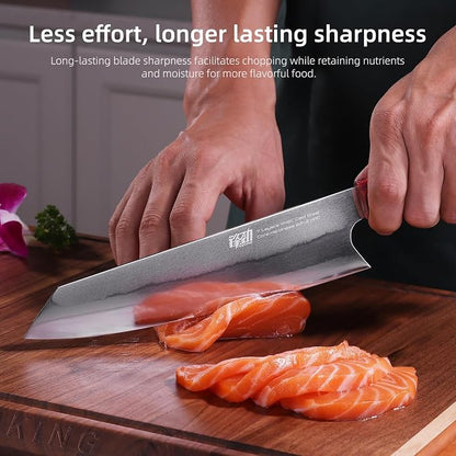 FINDKING 8 Inch Kiritsuke Chef Knife, Japanese-Style Kitchen Knife with 7-Layer 440C Clad Steel Blade, Colorful Stabilized Wood Octagonal Handle, Versatile for Slicing, Chopping, Dicing and Meal Prep