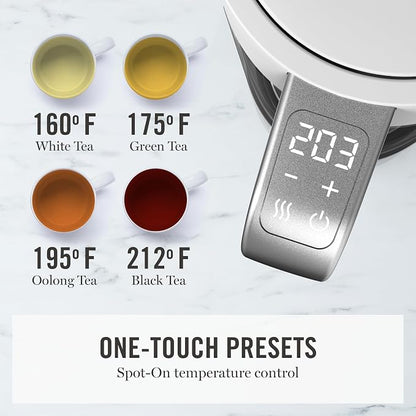Martha Stewart Electric Kettle with Removable Stainless Steel Tea Infuser, Glass Carafe 1.7L (7 Cups), Hot Water Boiler, 4 Presets, Keep Warm & Auto Shut-Off, Cordless 360° Swivel Base, Linen Cream