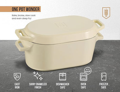 Kook Dutch Oven, For Sourdough Baking, Dual Handles, Enameled Cast Iron, includes Silicone Mat and Sourdough Guide, Dishwasher Safe, Oven safe 500F, 5 Qt, (Ivory)