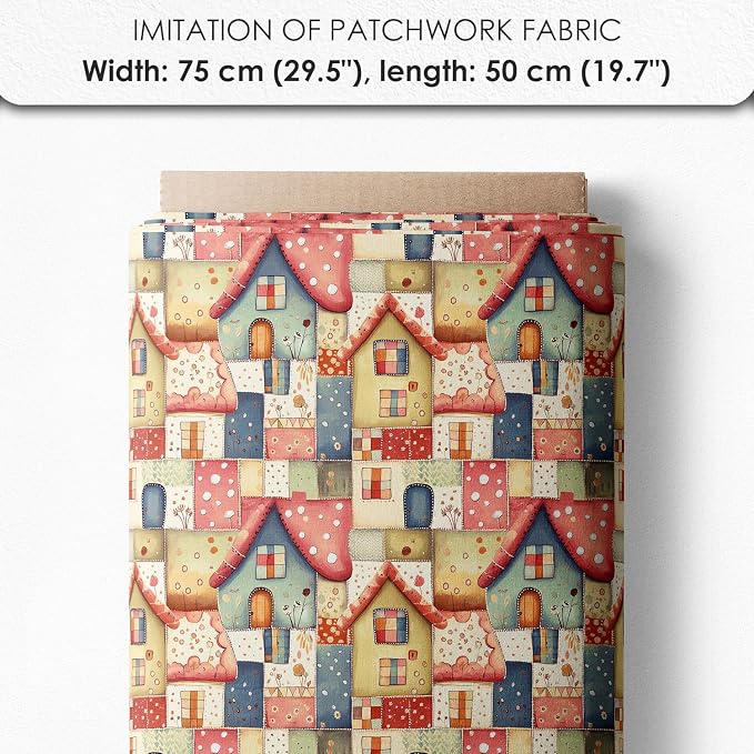 Patchwork Fairy Cottage Cotton Fabric Panel – 6 Designs (10×10 inch Each) + Bonus Sheet 29.5×19.6 inch, 100% Cotton 140 GSM, Made in Türkiye