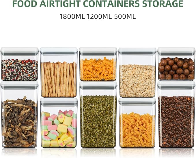Food Airtight Containers storage with Lids 3 Pack (1800ml + 1200ml + 500ml) One Button Open/POP UP/Kitchen Storage Organization for Coffee Tea Brown Sugar Cereals