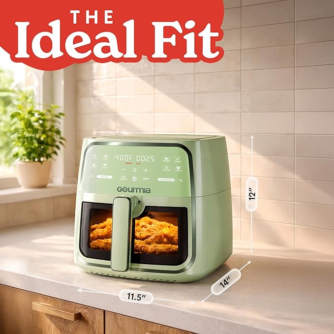 Gourmia 8 Qt Air Fryer, 8 Presets with Digital Display, FryForce 360° Technology, Easy View Window & Interior Light, Dishwasher Safe Basket, Green