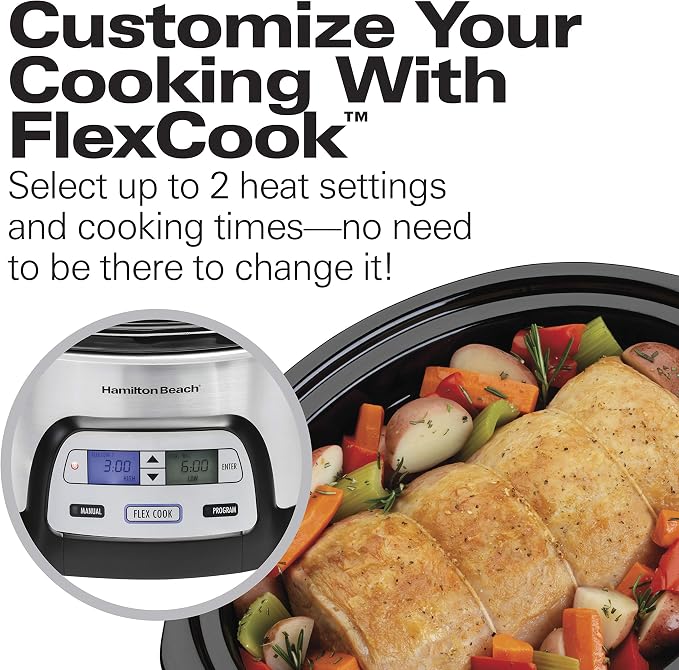Hamilton Beach 33861 Portable Programmable Slow Cooker, Dishwasher Safe Crock, 6 Qt, FlexCook Dual Digital Timer/2 Heat Settings, Lid Lock for Easy Travel, Silver