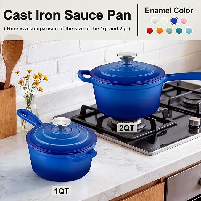 2 Pcs Enameled Sauce Pan with Lid, Leonyo 1 Qt & 2 Qt Cast Iron Saucepan Set, Small Dutch Oven Kitchen Pots for All Cooktops Cooking Pasta, Milk, Oatmeal - Up to 500°F, Dark Blue
