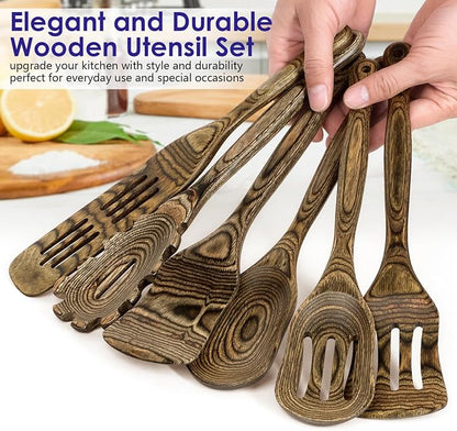 HOWHONG Wooden Spoons for Cooking, Pakkawood Kitchen Utensil Set Granite, Premium Durable Wooden Utensils for Nonstick Cookware, Heat Resistant, Smooth Finish, Comfortable Grip, 6 Piece