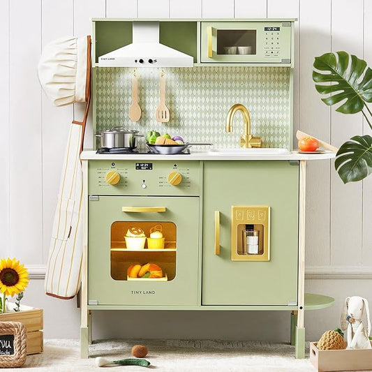 Tiny Land Play Kitchen for Kids, Wooden Farmhouse Kitchen Playset Chef Pretend Play Set for Toddlers w/Real Lights & Sounds, Toys Kitchen with 18 Pcs Toy Food & Cookware Accessories, Sage Green