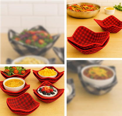 Set 2X Black 7" sq. x 4" H Red Microwave Bowl Cloth Hot Pads Pot - Microwave Safe Holder Multipurpose Heat Resistant Plate Holder Polyester Potholder - Protector for Heat Soup, Food, Meals