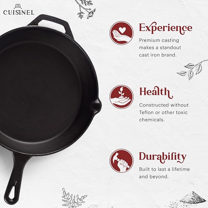 Cast Iron Skillet + Grill Press + Scraper Set - 12"-inch Pre-Seasoned Frying Pan + Silicone Handle Grip - 7" Round Burger Smasher - Indoor/Outdoor, Stove, Oven, Grill, Induction Kitchen Cookware