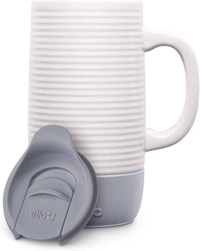 Ello Jane 18oz Ceramic Travel Mug with Handle, Splash-Resistant Slider Lid and Built-in Coaster, Perfect for Coffee and Tea, BPA Free, Dishwasher Safe, Holiday Gift Her Him, Gray (Pack of 12)