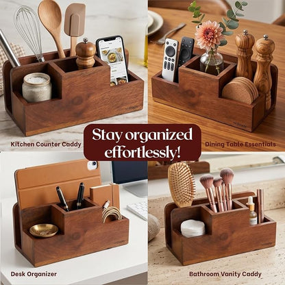 nestroots Silverware, Napkins & Spoon Holder, Acacia Wooden Utensil Caddy, Organizer Countertop, Cutlery Holder for Party, Fork, Knife Organizer