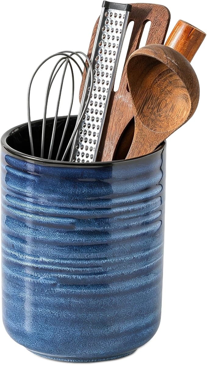 HASENSE Large Ceramic Utensil Holder, 7.4" Kitchen Utensil Crock for Countertop, Modern Farmhouse Utensil Organizer Caddy for Cooking Utensil Set, Blue Kitchen Decor