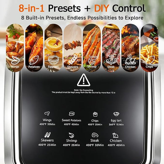 Glass Air Fryer, Portable Air Fryer with 6.0QT Glass Container, Adjustable Time & Temp, Power-Off & Overheat Protection, 8-in-1 Non Toxic AirFryer for Quick Easy Meals
