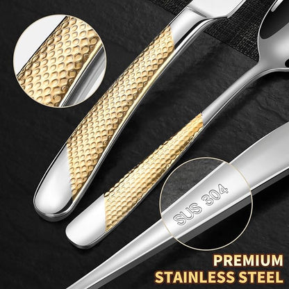 Lemeya 40-Piece Hammered Silver Gold Silverware Set for 8,18/10 Stainless Steel Flatware Set with Serrated Forged Knives,Heavy Duty Cutlery Set for Home & Party,Mirror Polished, Dishwasher Safe