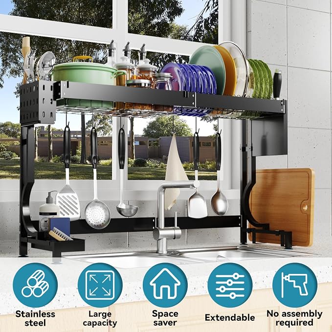 Over the Sink Dish Drying Drainer Rack - Height & Width Adjustable Large Capacity Stainless Steel Kitchen Storage Organization Plate Strainers Above Kitchen Counter (W21.2-37" ~ H18.5-22" Black)