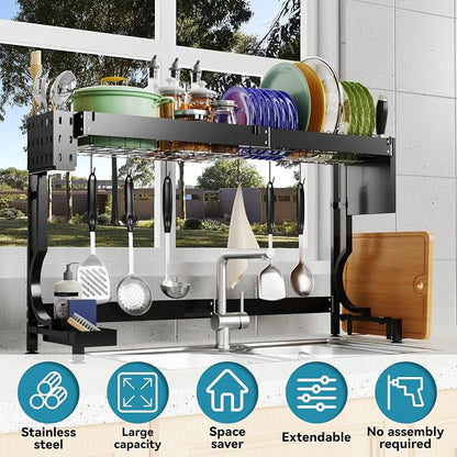 Over the Sink Dish Drying Drainer Rack - Height & Width Adjustable Large Capacity Stainless Steel Kitchen Storage Organization Plate Strainers Above Kitchen Counter (W21.2-37" ~ H18.5-22" Black)