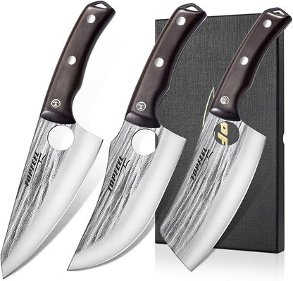 Topfeel 3PCS Butcher Knife Set Hand Forged chef knife Boning Knife, High Carbon Steel Meat Cutting Knives for Kitchen Camping BBQ…