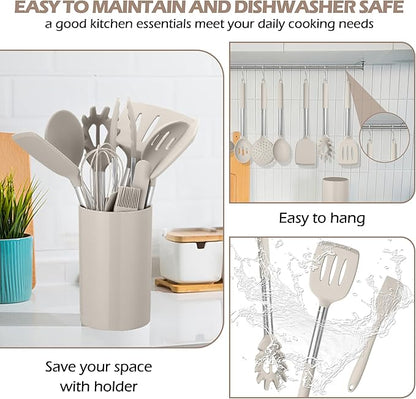 HaWare 29 PCS Silicone Cooking Utensils Set, Heat Resistant Kitchen Utensils Set with Stainless Steel Handle, Spatula Sets with Holder and Hooks, Kitchen Tools Gadgets for Nonstick Cookware -Khaki