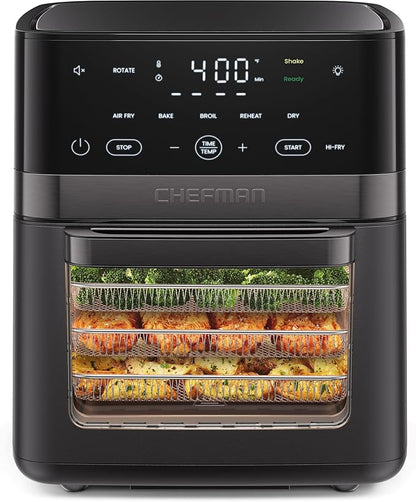Chefman Air Fryer 6-in-1, XL 14-Quart Multifunctional Airfryer with Touchscreen Controls, Rotisserie, Food Dehydrator, Convection Oven, Bake, Broil, and Reheat Functions, Windowed Door – Black