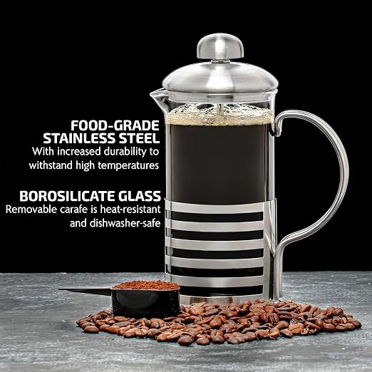 OVENTE French Press Coffee Maker 20 Ounce with Heat Resistant Borosilicate Glass, Stainless Steel Design and 4-Level Filter System, Portable Cold Brewer Pot for Travel, Camping or Gift, Silver FSH20S
