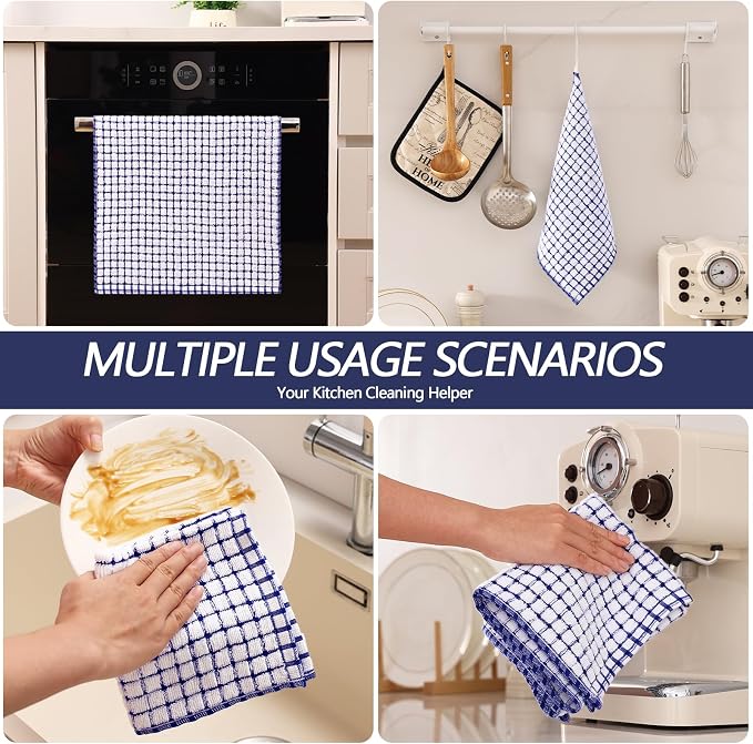 Homaxy Kitchen Towels and Dishcloths Set, 16 x 25 and 12 x 12 Inches, Set of 16 Cotton Terry Kitchen Dish Towels, Super Soft and Absorbent Dish Cloths, Blue