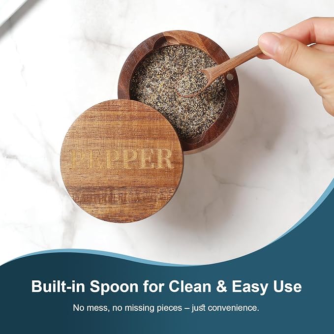 Timtopno PEPPER Cellar, Acacia Wood Salt Container with Built-in Spoon & Swivel Lid, Engraved PEPPER Box, Salt Holder Bowl for Countertop Seasoning Storage