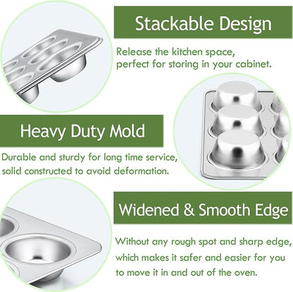 Herogo 2 Pack 12-Cup Stainless Steel Cupcake Pan Tin for Making Egg Muffin Quiches, Metal Muffin Tray Set for Baking, Mini Brownie, Regular Size & Easy Clean, Oven & Dishwasher Safe