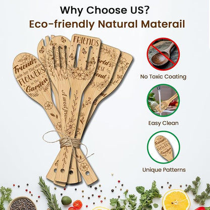 CUTHOLLOW 6PCS Best Friend Wooden Kitchen Cooking Utensil Set, 11.9in Non Toxic Bamboo Wood Spoon Set for Cooking, Best Housewarming Birthday Thanksgiving Christmas Gift for Women Mother