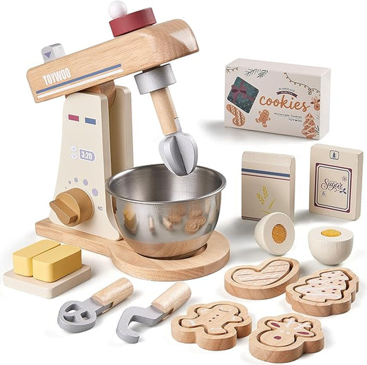Kids Play Kitchen Toddler Playset with Play Food and Wooden Toy Mixer Montessori Accessories Pretend Cooking Gift for Boys Girls Age 3 4 5 6 7