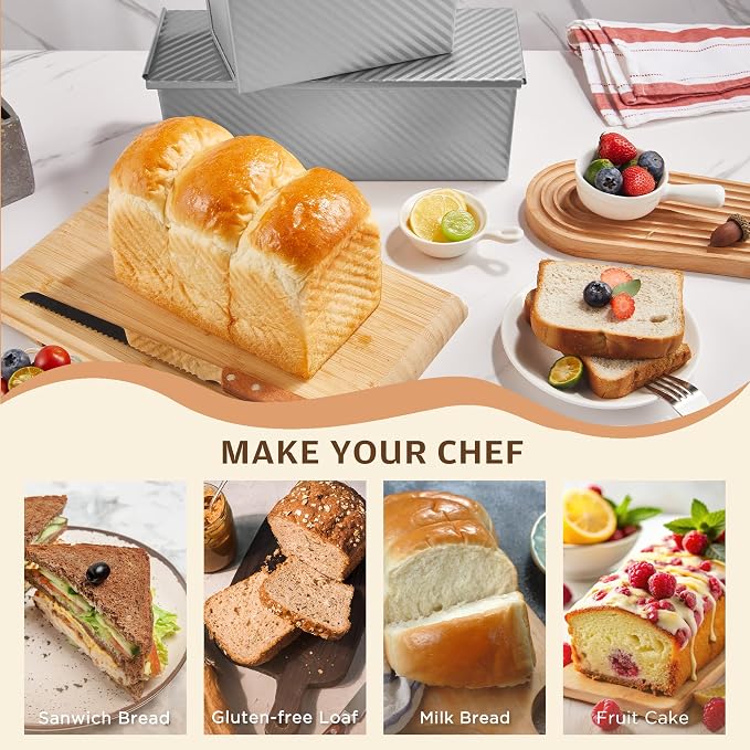 KITESSENSU Pullman Loaf Pan with Lid, 1 lb Dough Capacity Non-Stick Bakeware for Baking Bread, Carbon Steel Corrugated Bread Toast Box Mold with Cover for Baking Bread, Silver