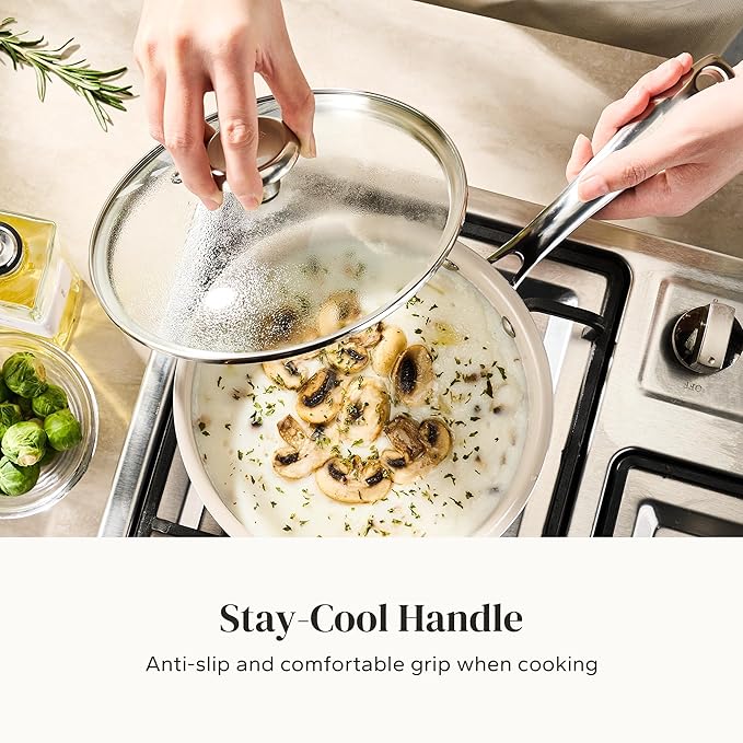 Redchef Stock Pot Set with Lid 5Qt, Ceramic Saucepan Set 2.5/3.5Qt, Induction Cooking Pot Set, Nonstick Cookware Set For Stoves, Even Heat, Stay-Cool Handle, Oven/Dishwasher Safe, PFAS Free (Beige)