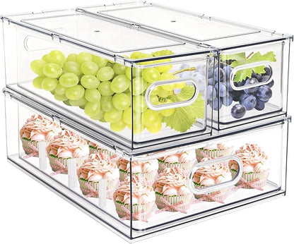 Set of 3 Stackable Refrigerator Organizer Bins Pull-Out Drawers for Fruit and Veggies Divided Storage Organizer for Fridge Clear Drawer Containers with Handle for Produce Saver, Eggs, Snack