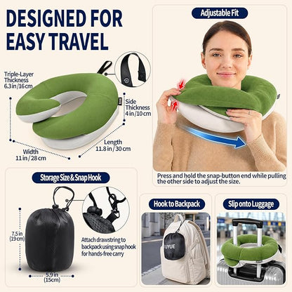 BUYUE Travel Neck Pillows for Airplanes, Memory Foam 360° Head Support Sleep for Long Flight, Skin-Friendly & Breathable, Kit with Eye Mask, Earplugs and Storage Bag (Adult, Green, 90+ lbs)