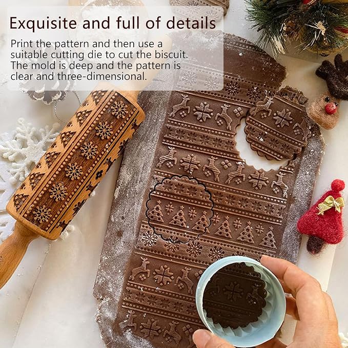 Embossed Rolling Pin for Baking, Wooden Decorative Embossing Cookie Roller for Kitchen(Type A07)