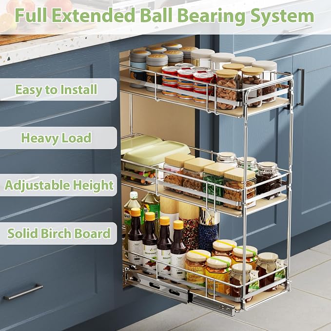 ROOMTEC 3-Tier Pull Out Cabinet Organizer Spice Rack for Narrow Cabinet 8" W x 20½" D, Slide Out Wood Shelves Storage for Kitchen